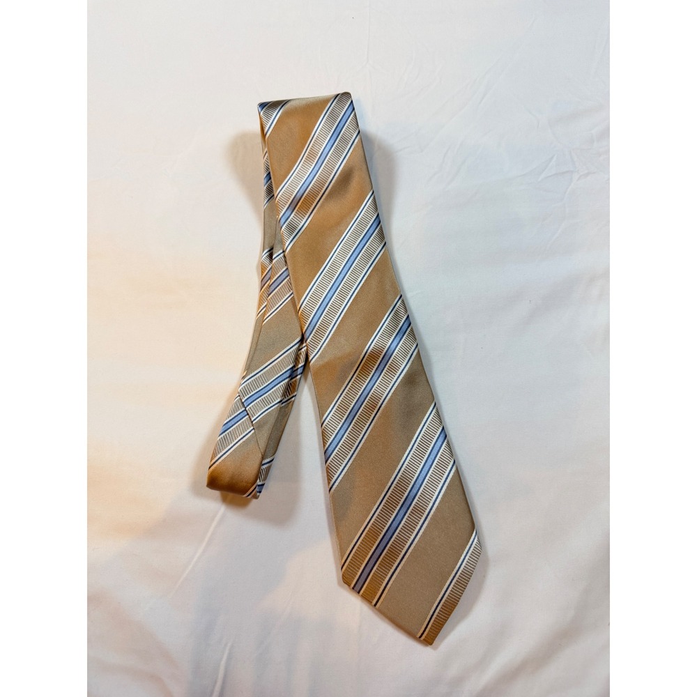Donald J Trump Signature Collection Silk Tie Gold Tan Blue Striped Handmade